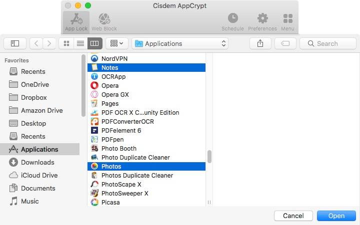 Screenshot showing Photos selected in the list of applications