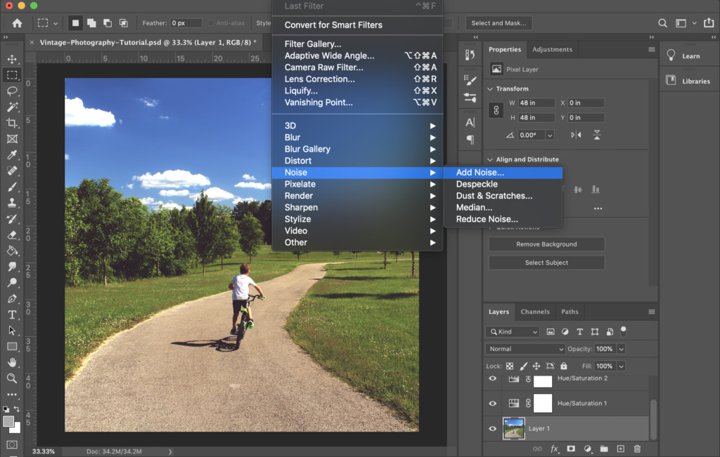 Adding noise filter in Photoshop