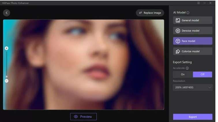 HitPaw Photo Enhancer interface showing AI model options for image enhancement