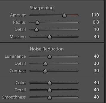 Lightroom interface showing sharpening sliders in the Detail panel