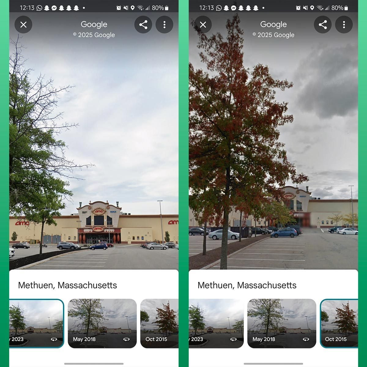 Google Maps interface displaying historical street view images, allowing users to compare changes over time with a tree in the foreground