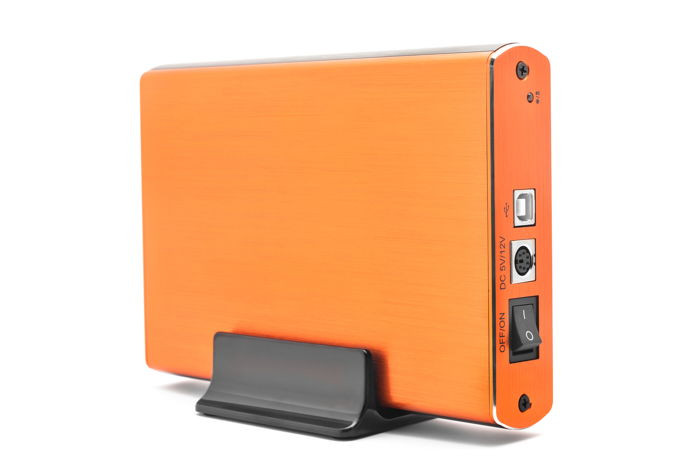 Portable hard drive in a vibrant orange color, illustrating on-the-go data storage