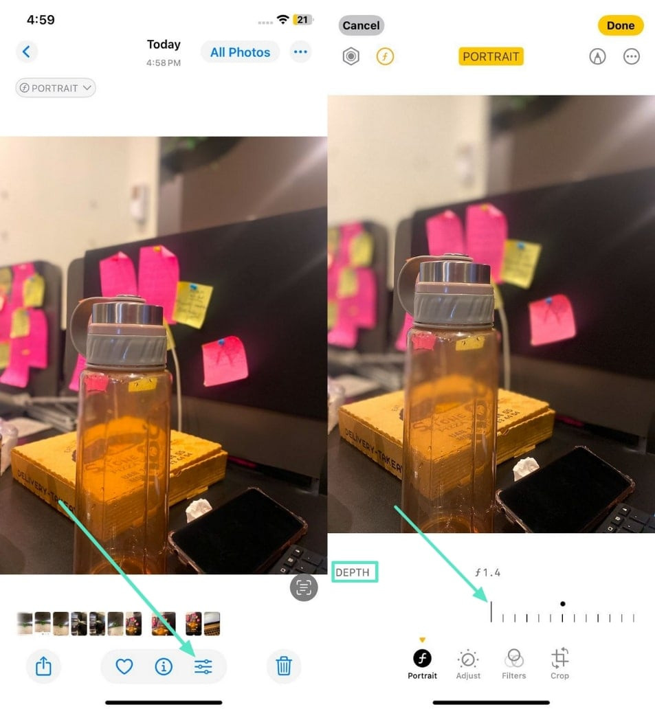 iPhone portrait mode interface showing depth control
