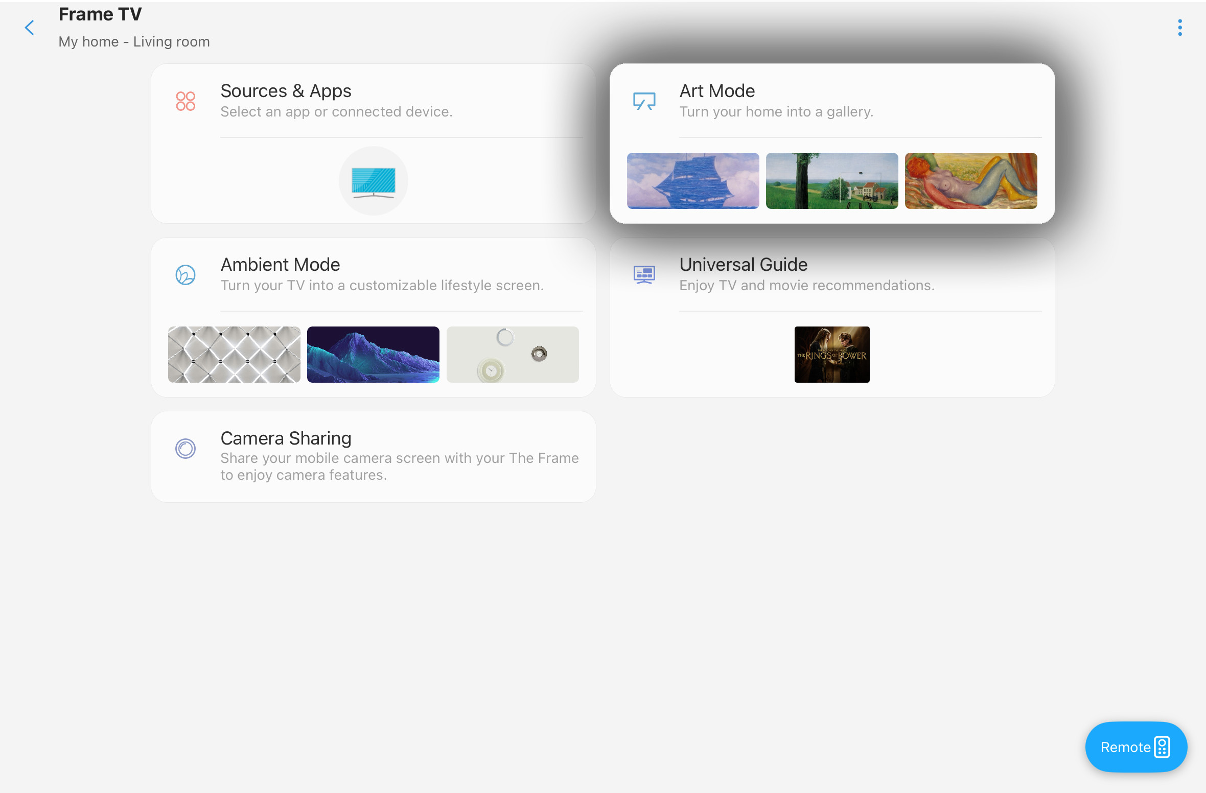 Within the SmartThings app, navigate to your Frame TV and tap on the &quot;Art Mode&quot; box