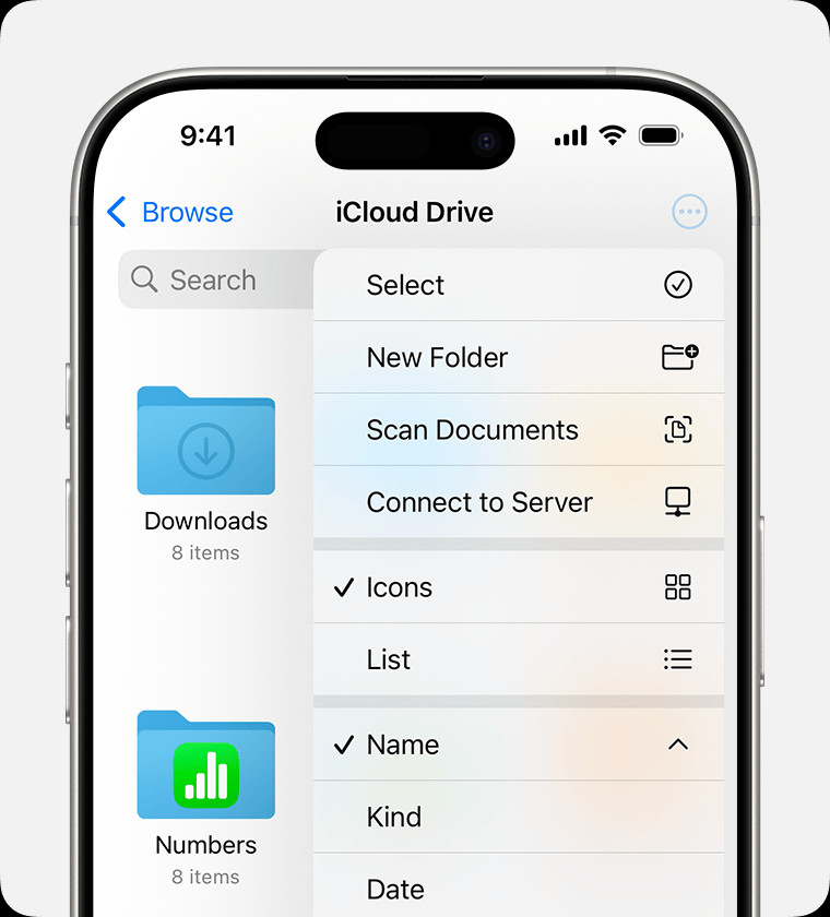 Files app interface on iPhone, showing iCloud Drive selected and options like Select, New Folder, and Scan Documents
