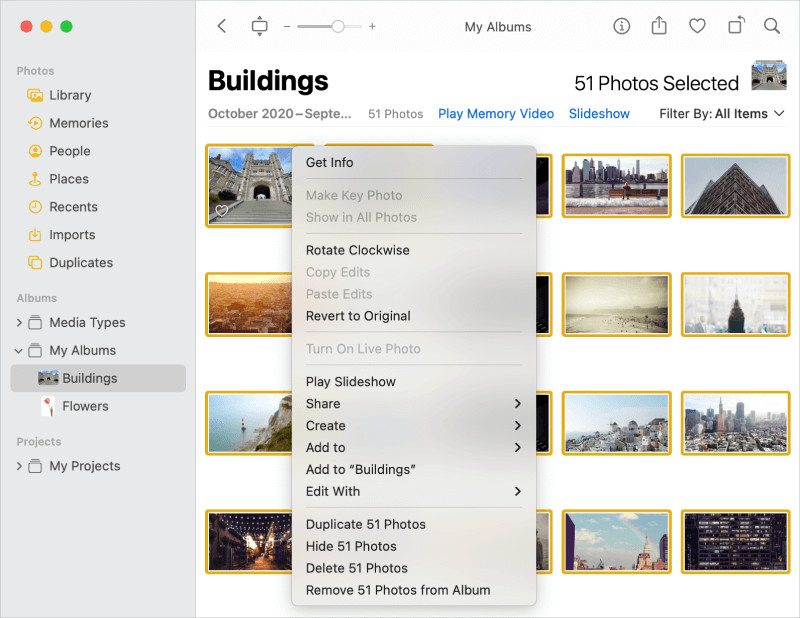 Screenshot of all photos in an album selected to be hidden