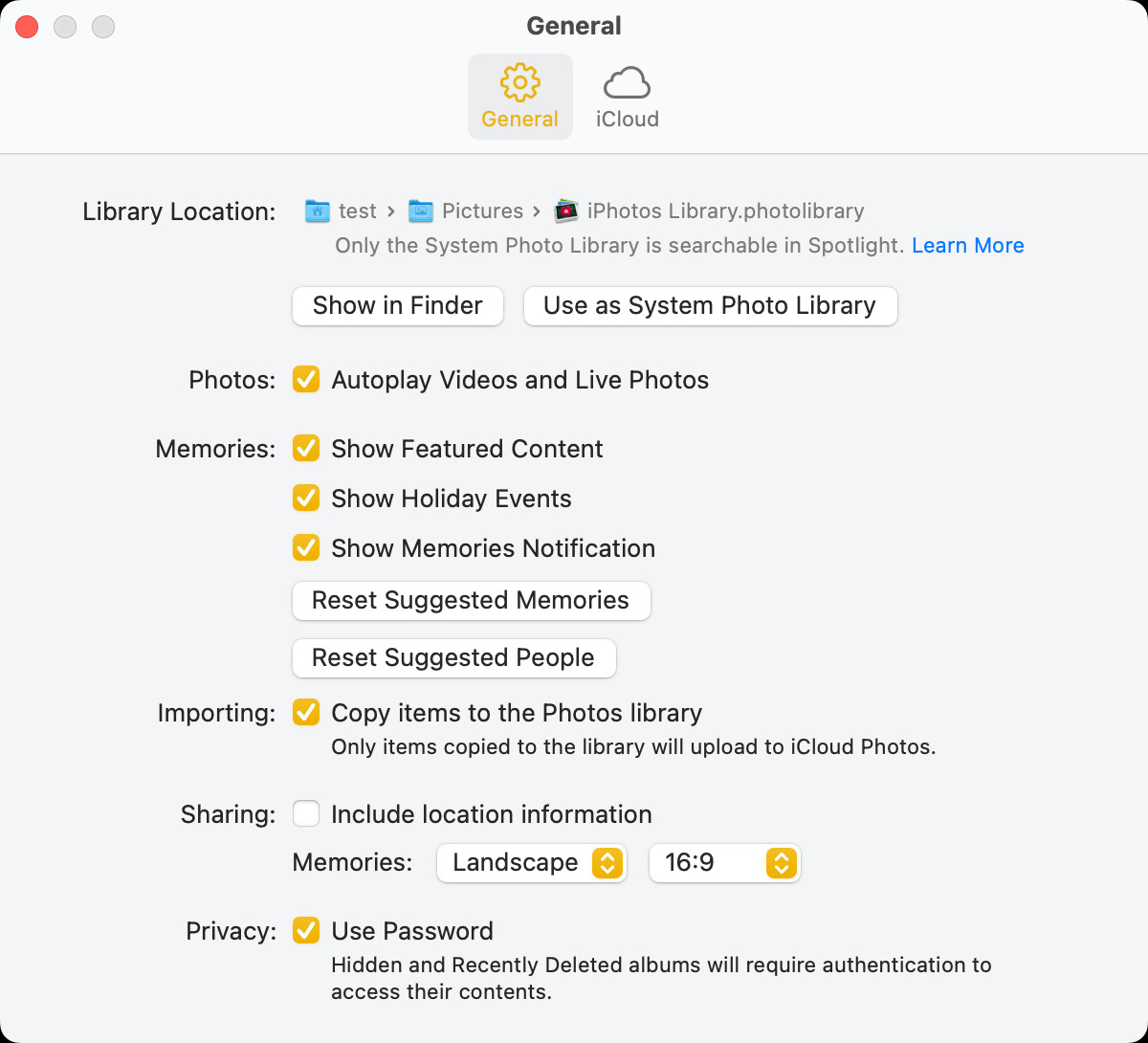Screenshot of the General tab showing the Privacy section with the Use Password checkbox selected
