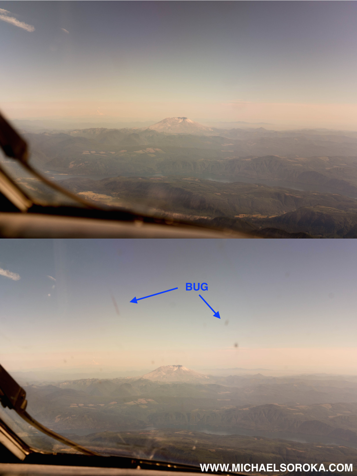 Close-up of Mount St. Helens from the cockpit eliminating bug smears and blemishes