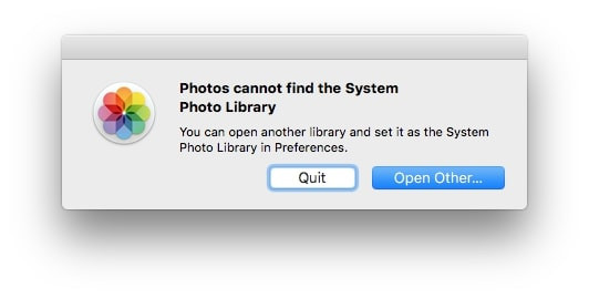 Screenshot showing the Photos app unable to find the system photo library