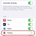 iPhone display showing the Messages app with the Shared with You settings.