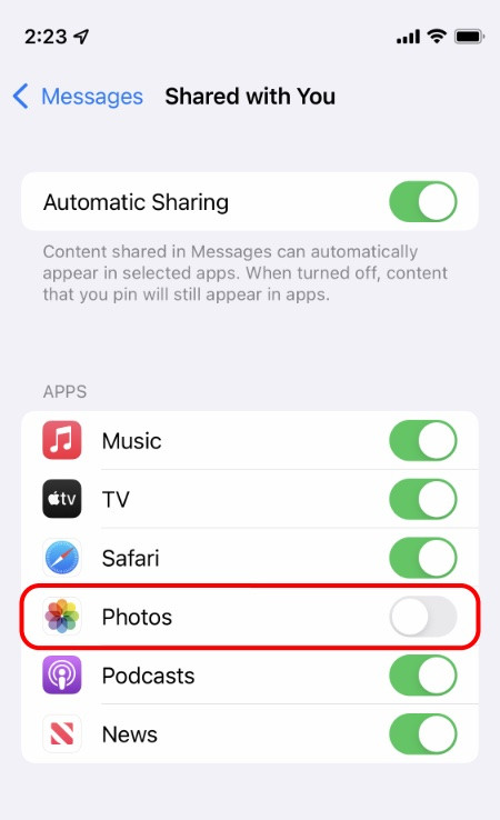iPhone display showing the Messages app with the Shared with You settings.