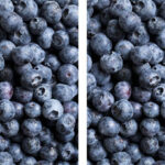Image of blueberries with watermark vs without. The original photo of blueberries is shown alongside a version where the watermark has been digitally removed in Photoshop, demonstrating the ease with which watermarks can be eliminated using common photo editing tools