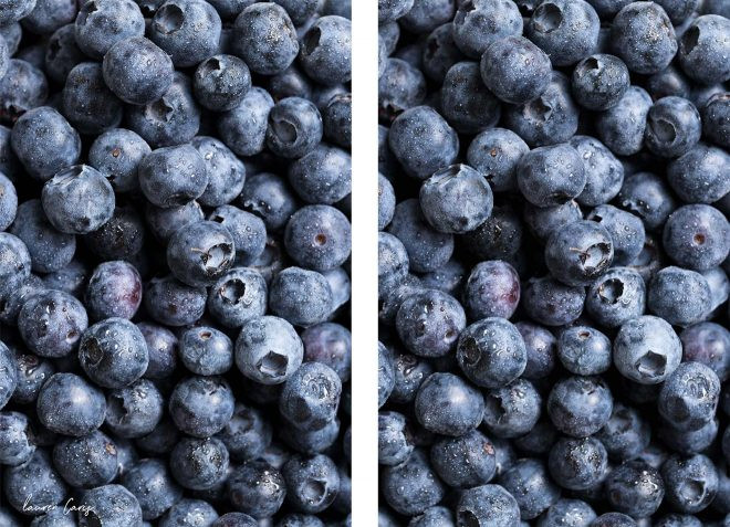 Image of blueberries with watermark vs without. The original photo of blueberries is shown alongside a version where the watermark has been digitally removed in Photoshop, demonstrating the ease with which watermarks can be eliminated using common photo editing tools