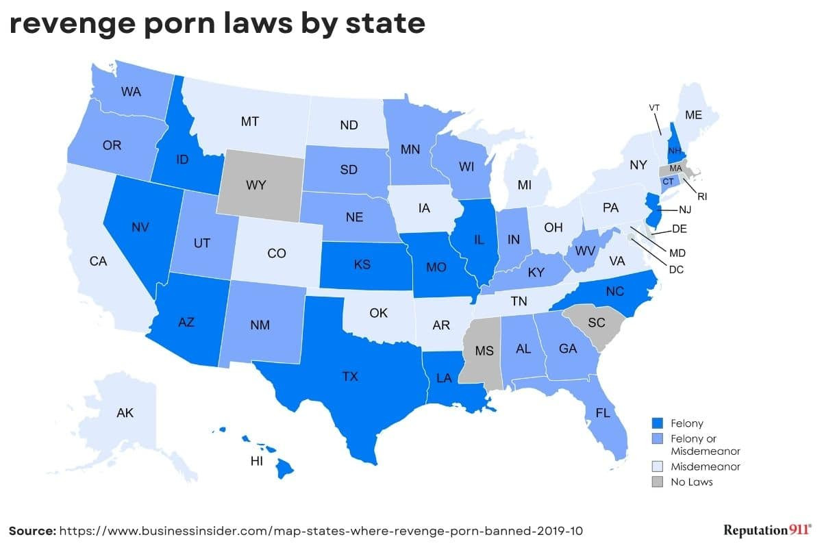 A map of the United States highlighting states with revenge porn laws