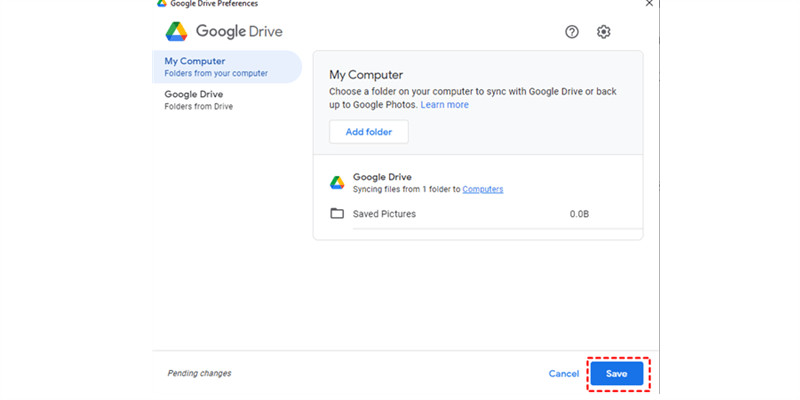 Save the new settings in your Google Drive desktop app to finalize the synchronization of your selected folders