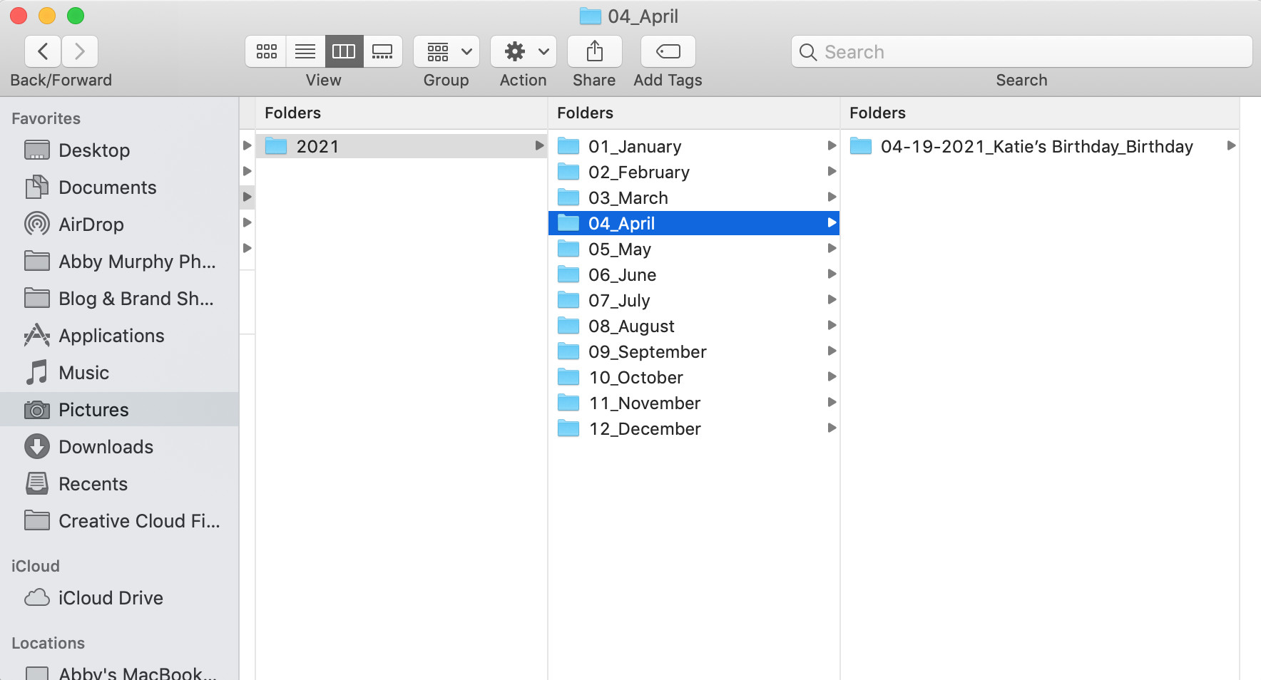 Example of folder naming for digital photo organisation, including date and event description