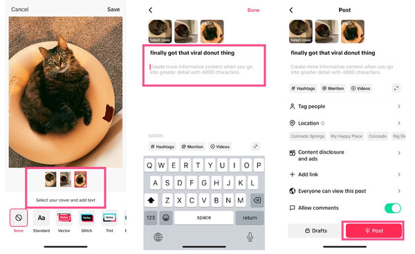 Editing post settings and publishing a TikTok carousel
