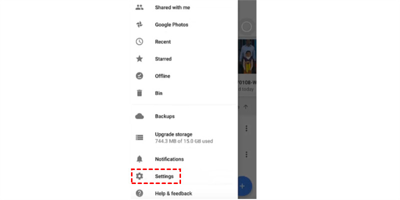 Navigate to the settings menu by tapping the three horizontal lines to configure your Google Drive settings