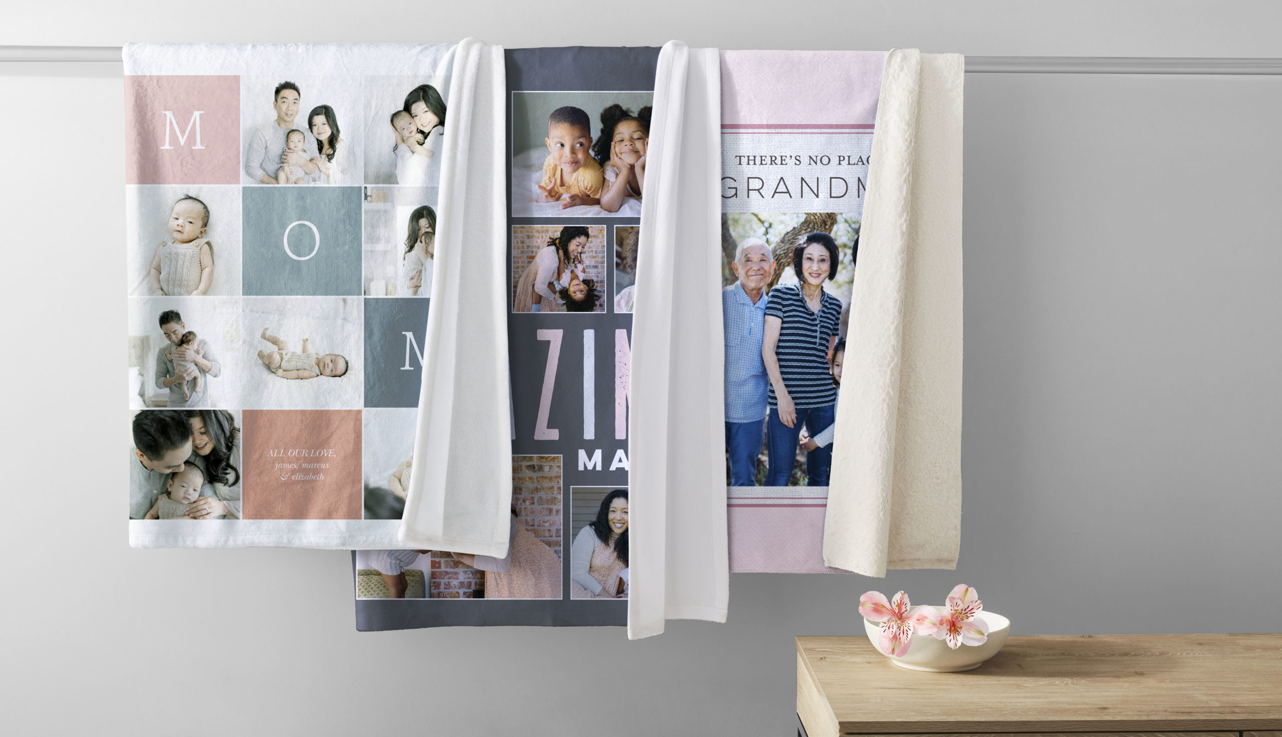 Three fleece photo blankets featuring family portraits of different generations and relationships