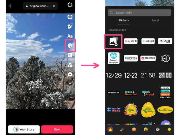 Adding stickers to a TikTok video using the photo icon
