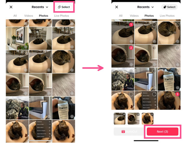 Selecting multiple photos for a TikTok post by using the select tool
