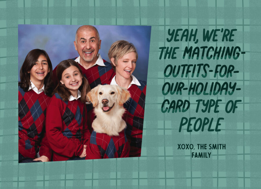 Family with three children and a dog wearing matching red and green sweaters, with text saying, 