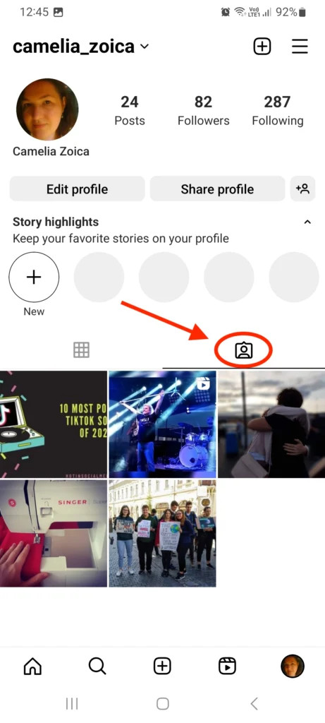 Instagram profile showing the tag icon