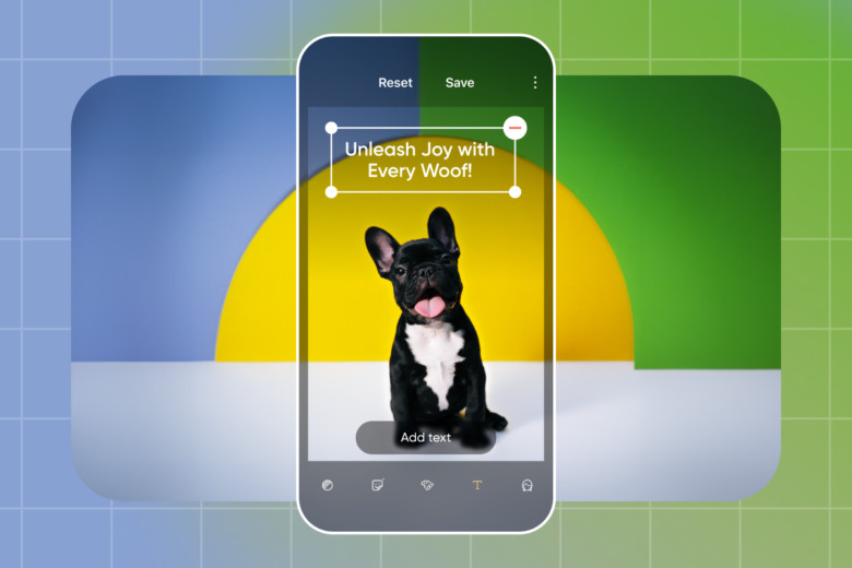 An Android user adding text to a photo using the Markup tool in Google Photos