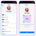 Two phone screens showing a Messenger account and how they can use a QR code to connect.