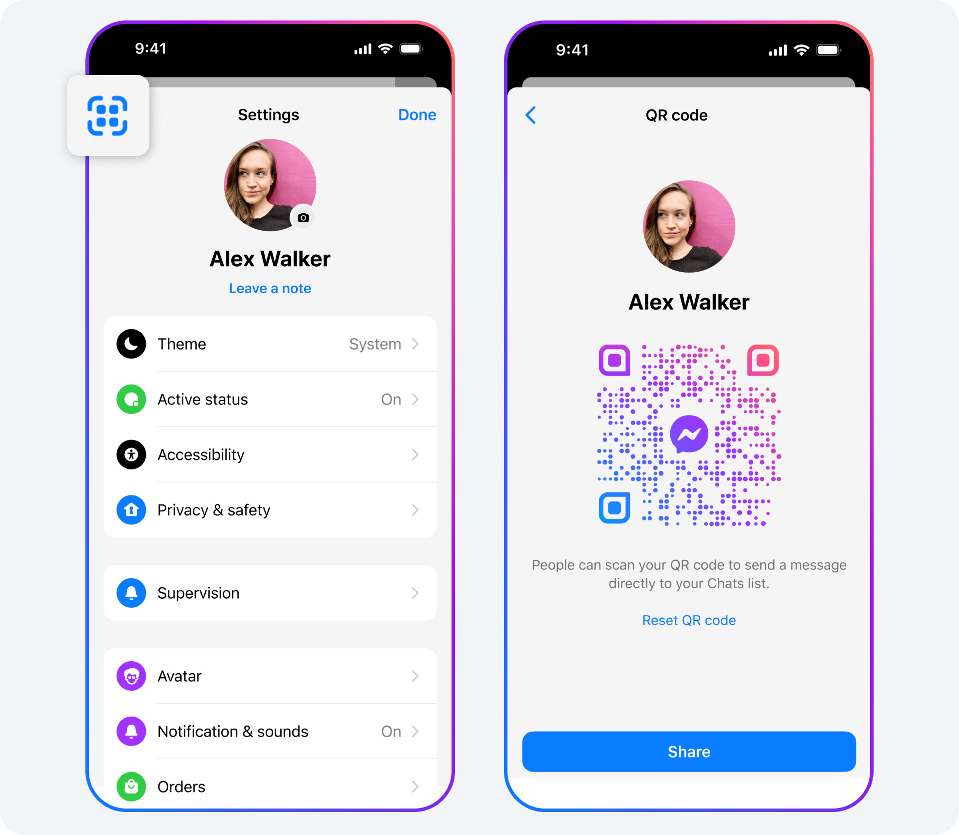 Two phone screens showing a Messenger account and how they can use a QR code to connect.