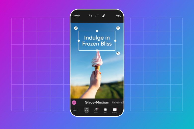 The Picsart text editor interface showing various font options and customization tools