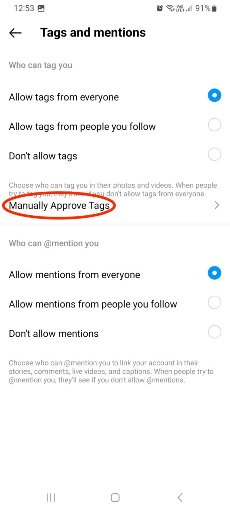 Toggle to manually approve tags on Instagram