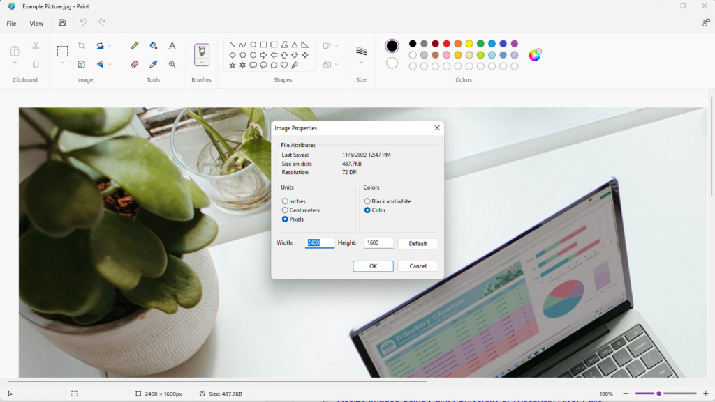 Screenshot of how to access Image Properties in Microsoft Paint