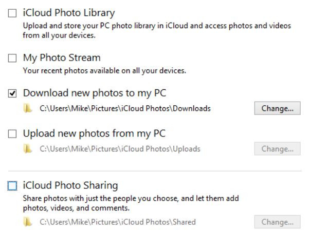 iCloud for Windows setup showing options for photos and downloads