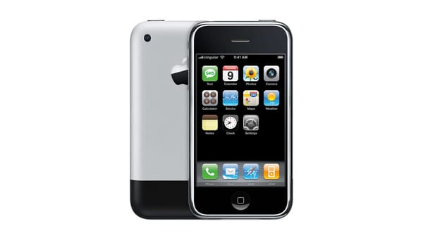 Image of the original iPhone, illustrating the evolution of buttons and design over time.