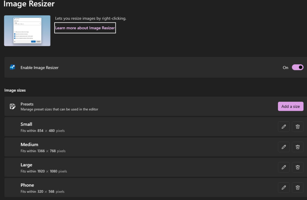 Screenshot of Image Resizer image size settings