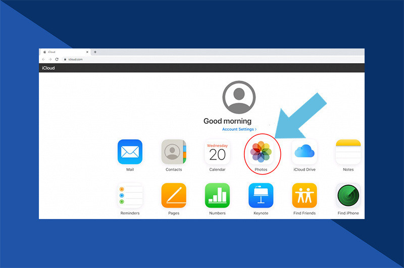 Clicking on the Photos icon on iCloud.com to access the iCloud Photo Library