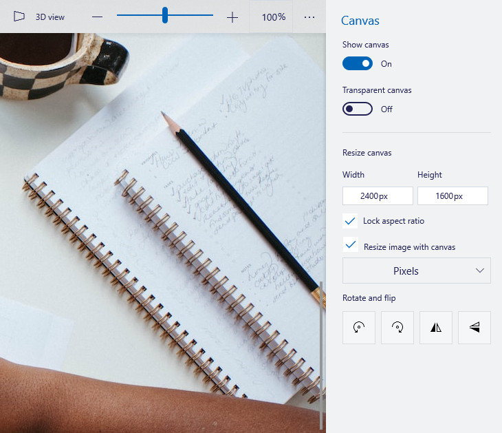 Screenshot of Paint 3D canvas settings