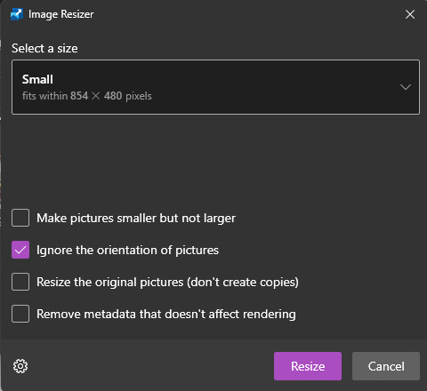 Screenshot of using Image Resizer to edit images