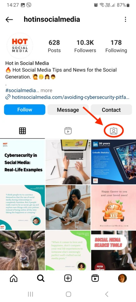 Instagram profile showing tagged photos