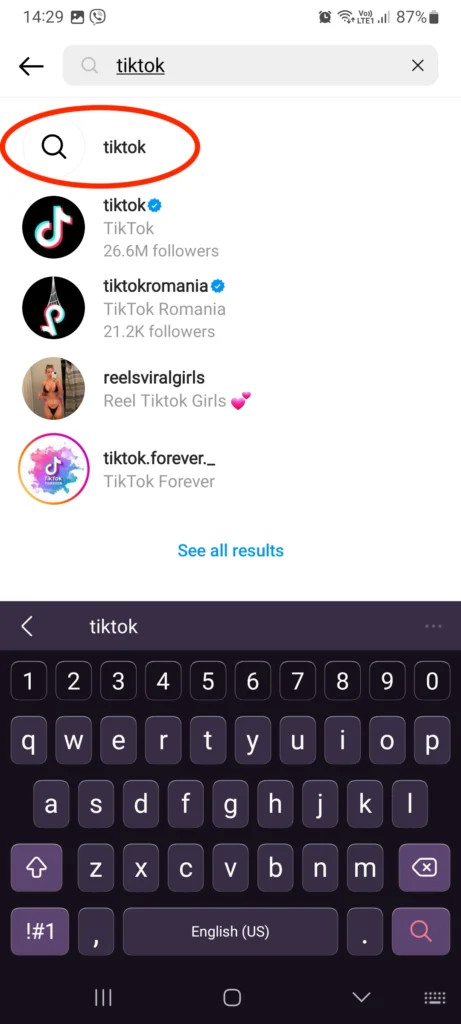 Instagram search showing tags and locations