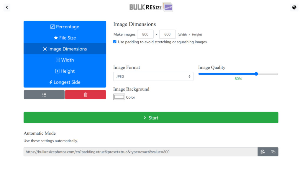 Screenshot of the Bulk Resize first page