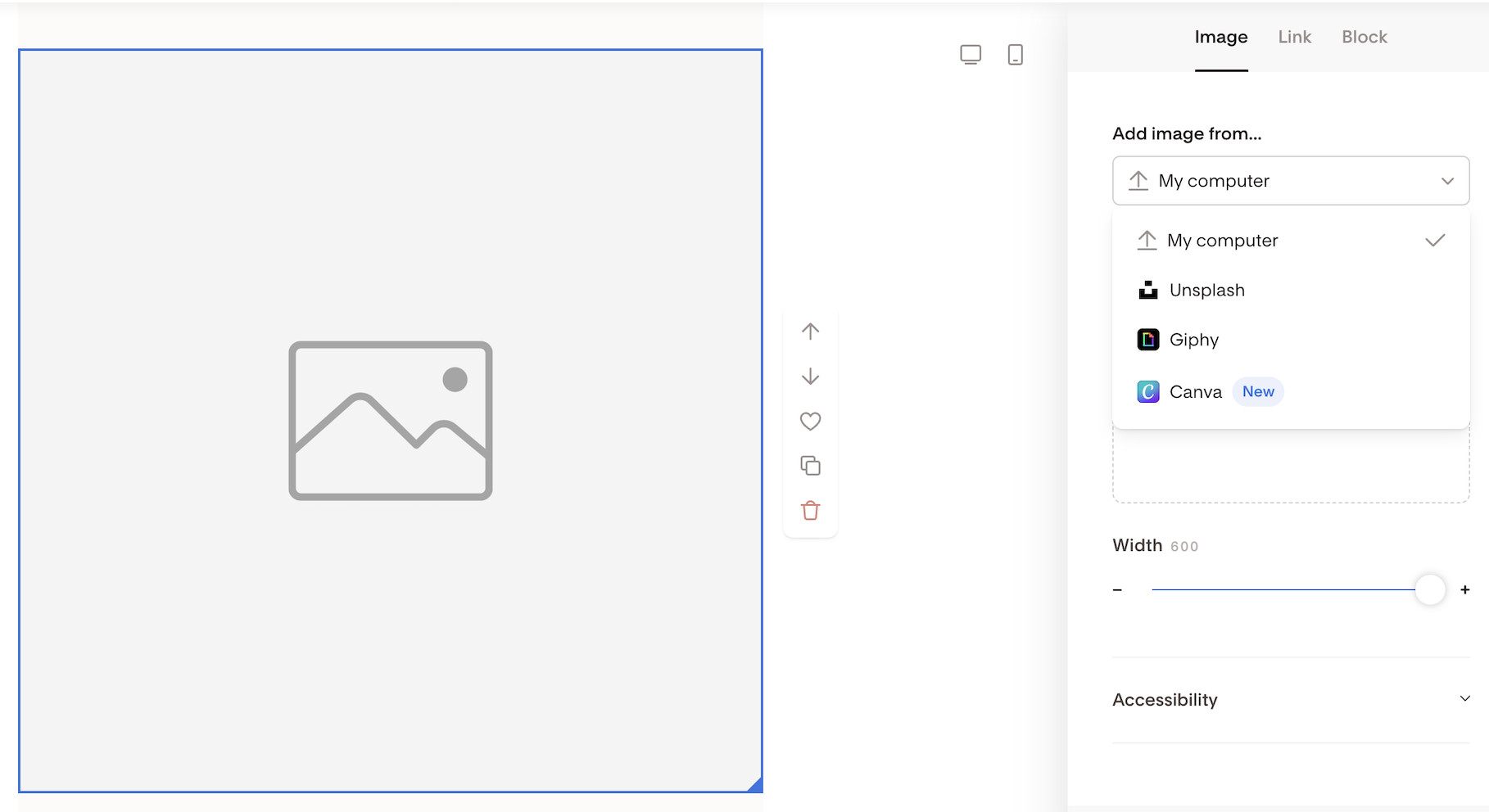 Flodesk email editor with various image upload sources