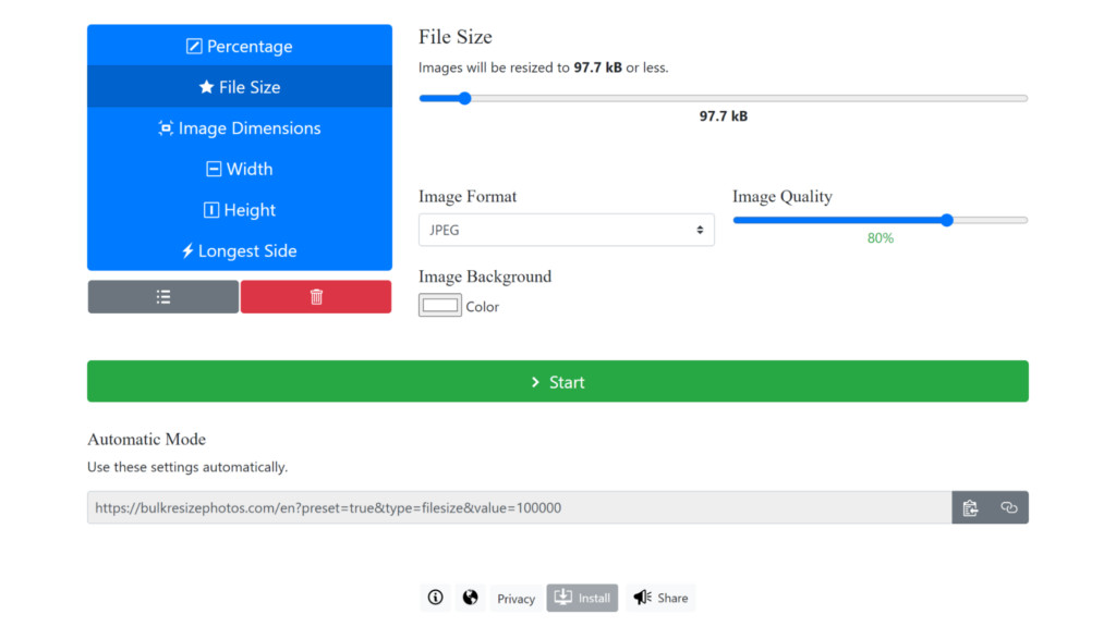 Screenshot of the Bulk Resize settings