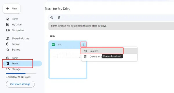 Restoring files from Trash in Google Drive