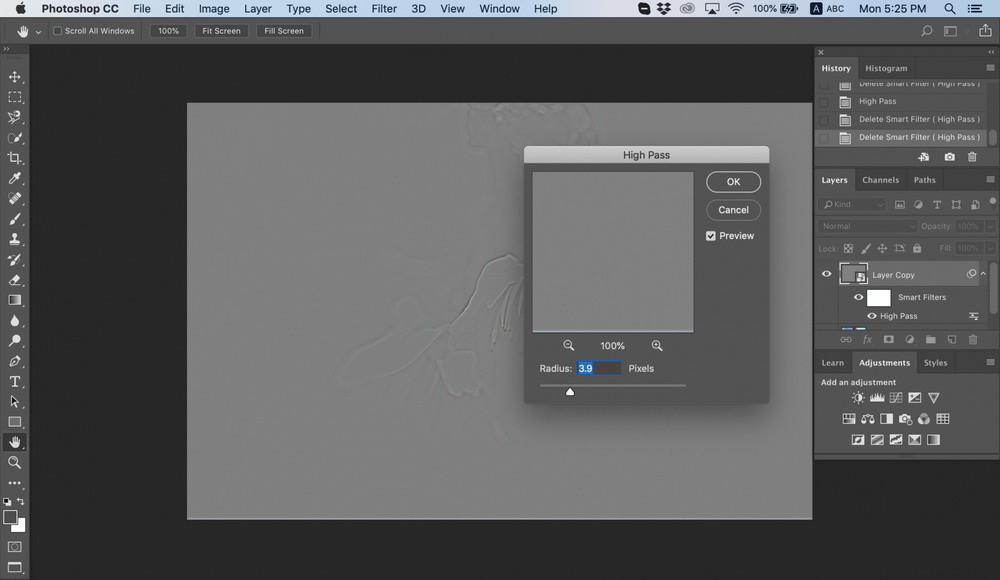 High Pass settings for sharpening a face