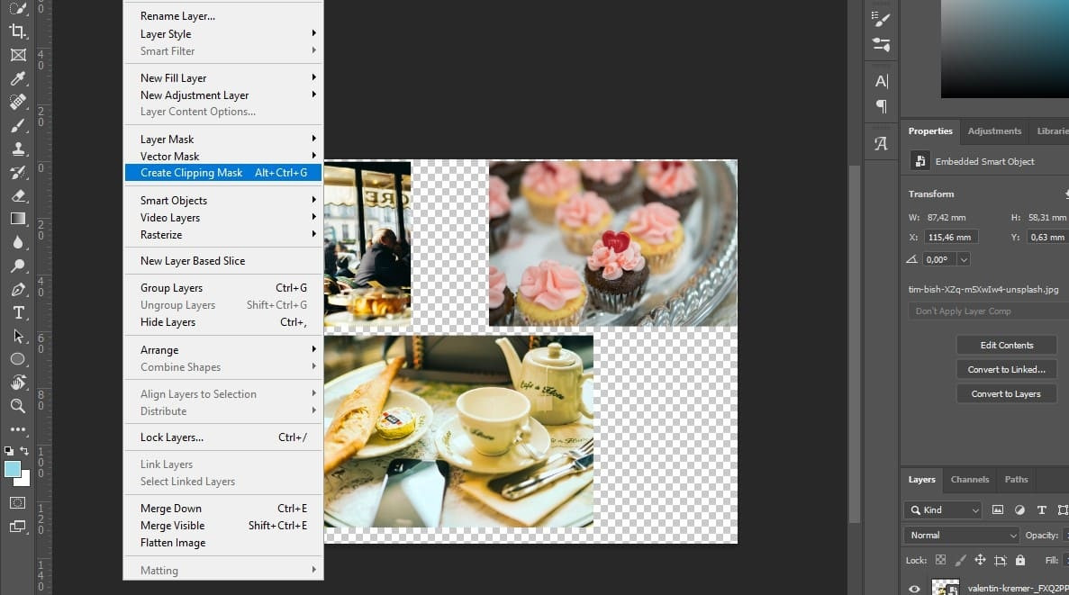 Photo editing involving clipping masks, limiting the visibility of one layer based on another's content for applying effects precisely.