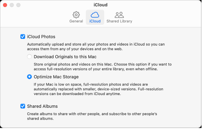 iCloud settings pane in Photos on a Mac, showing the iCloud Photos checkbox selected.