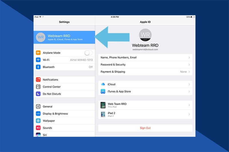 Selecting your name or Apple ID within the Settings app to manage your iCloud settings