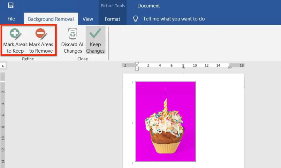 Using the &quot;Mark Areas to Keep&quot; and &quot;Mark Areas to Remove&quot; tools to refine background selection in Word